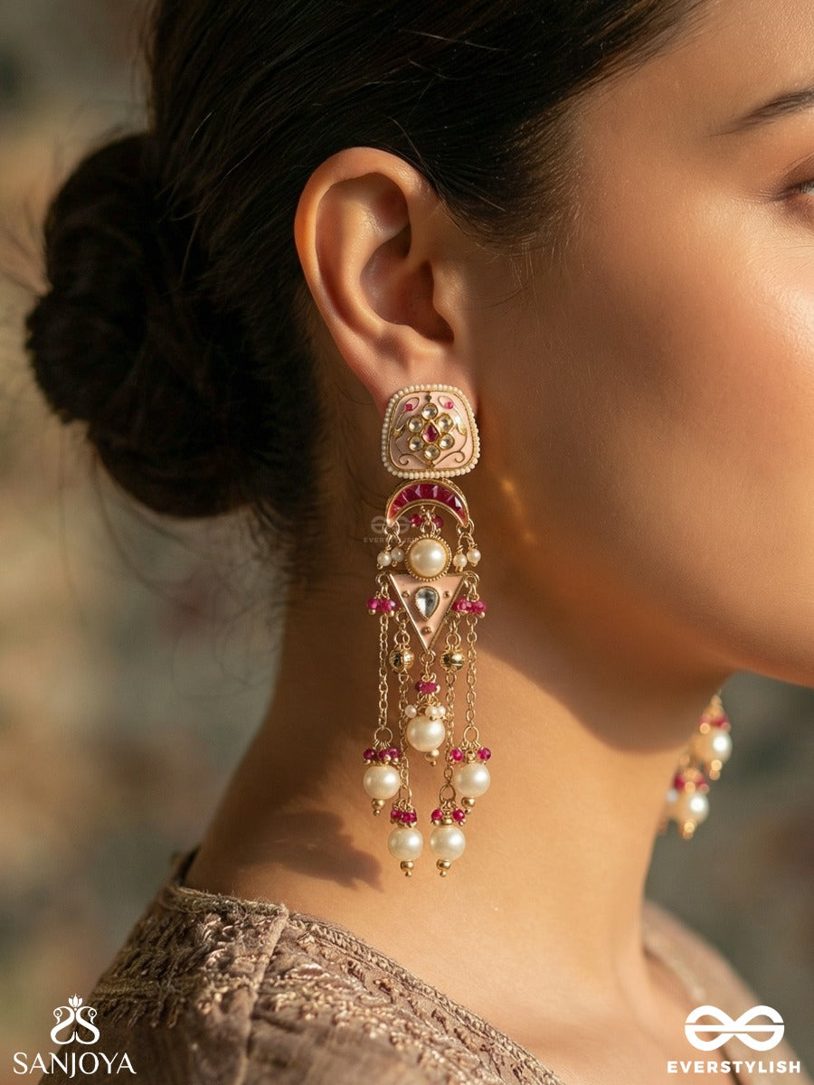 Kamalrupa - Lotus Form - Statement Earrings With Enamelled Panel And Pearl Chain Cascade