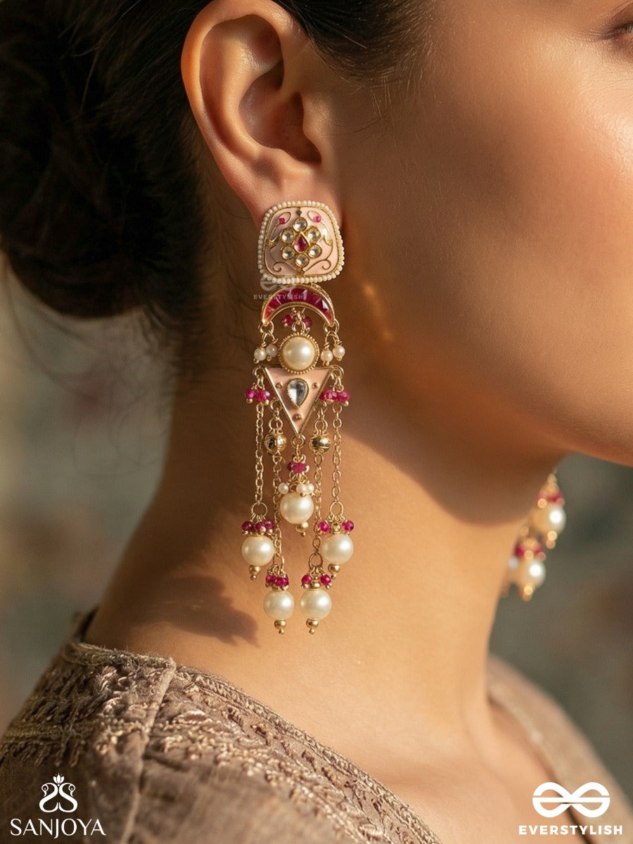 Kamalrupa - Lotus Form - Statement Earrings With Enamelled Panel And Pearl Chain Cascade