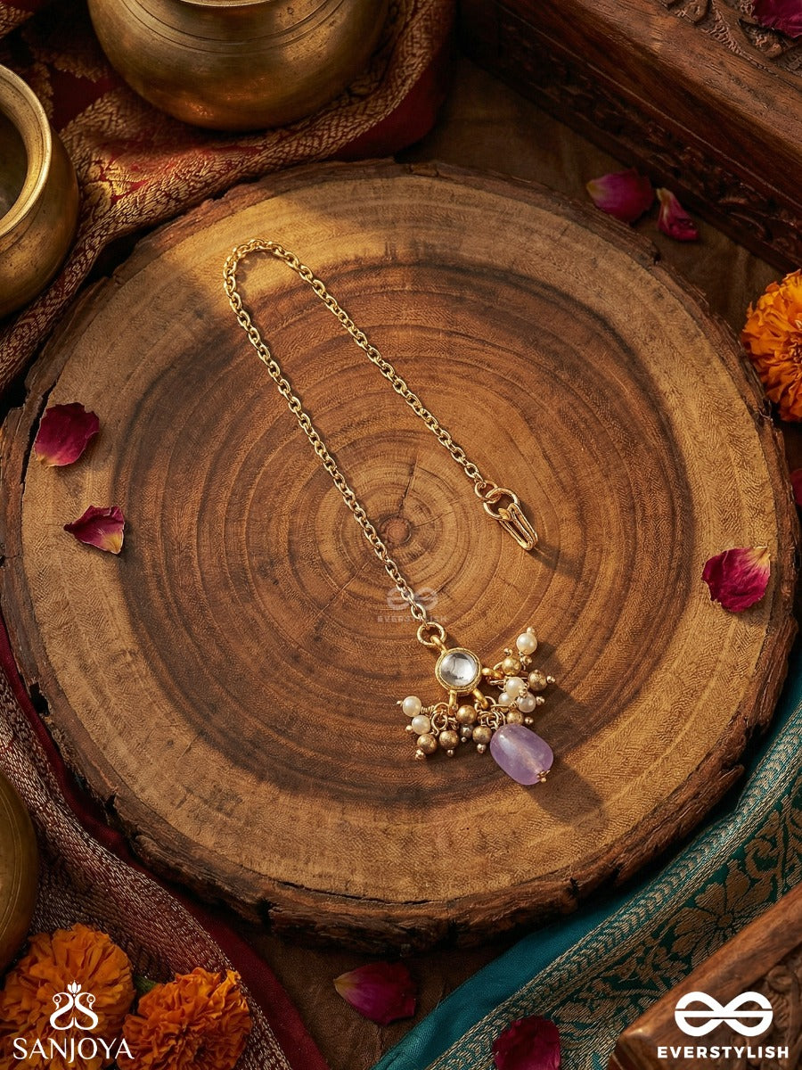 Mridulshraya - Gentle Abode - Delicate Maangtika With Gemmed Centre, Pearl Clusters And Soft Lilac Drop Accent