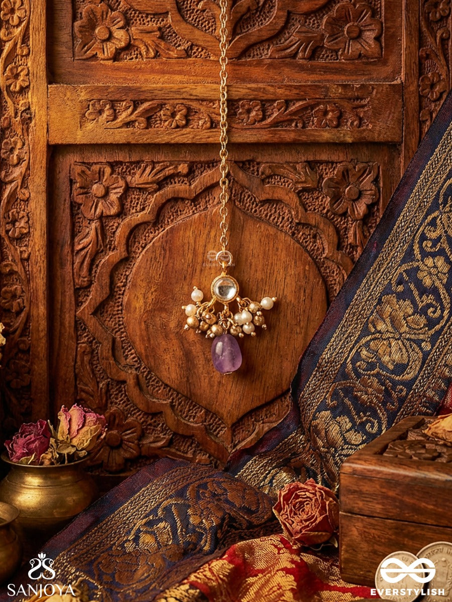 Mridulshraya - Gentle Abode - Delicate Maangtika With Gemmed Centre, Pearl Clusters And Soft Lilac Drop Accent