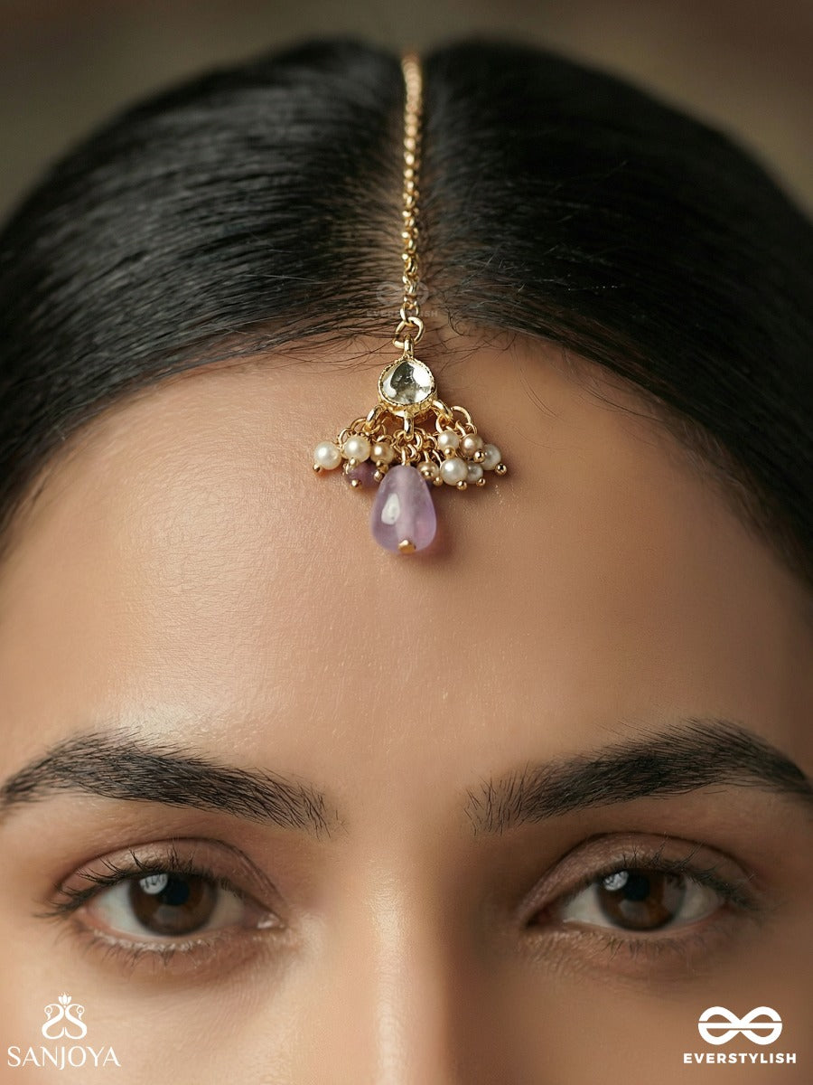 Mridulshraya - Gentle Abode - Delicate Maangtika With Gemmed Centre, Pearl Clusters And Soft Lilac Drop Accent