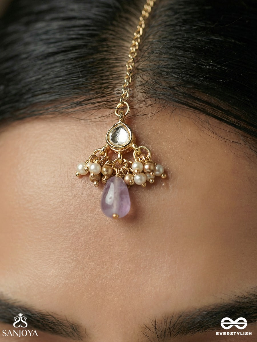 Mridulshraya - Gentle Abode - Delicate Maangtika With Gemmed Centre, Pearl Clusters And Soft Lilac Drop Accent