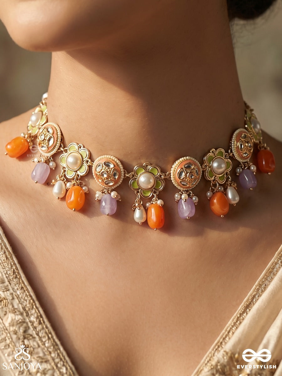 Chitravallari - Ornate Creeper - Festive Necklace With Floral Medallions And Multi-Colour Drop Accents