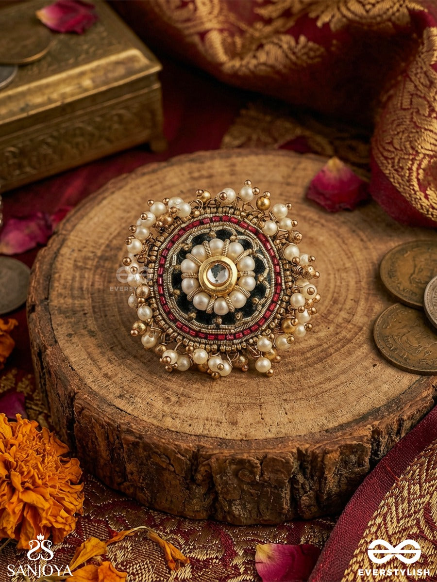 Mahapradipa - Grand Radiance - Statement Ring With Ornate Disc, Pearl Cluster Detail And Intricate Embellishment