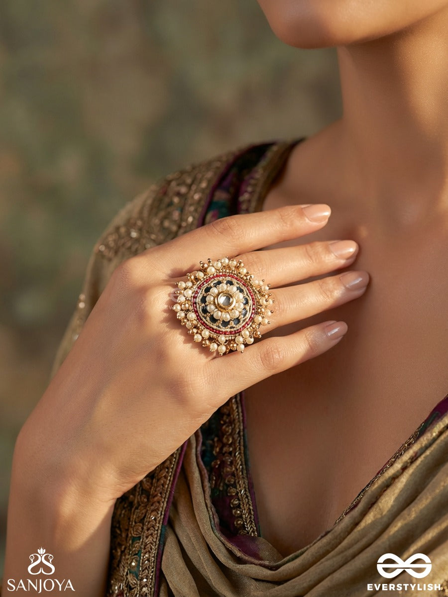 Mahapradipa - Grand Radiance - Statement Ring With Ornate Disc, Pearl Cluster Detail And Intricate Embellishment