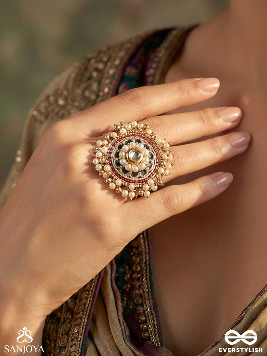 Mahapradipa - Grand Radiance - Statement Ring With Ornate Disc, Pearl Cluster Detail And Intricate Embellishment