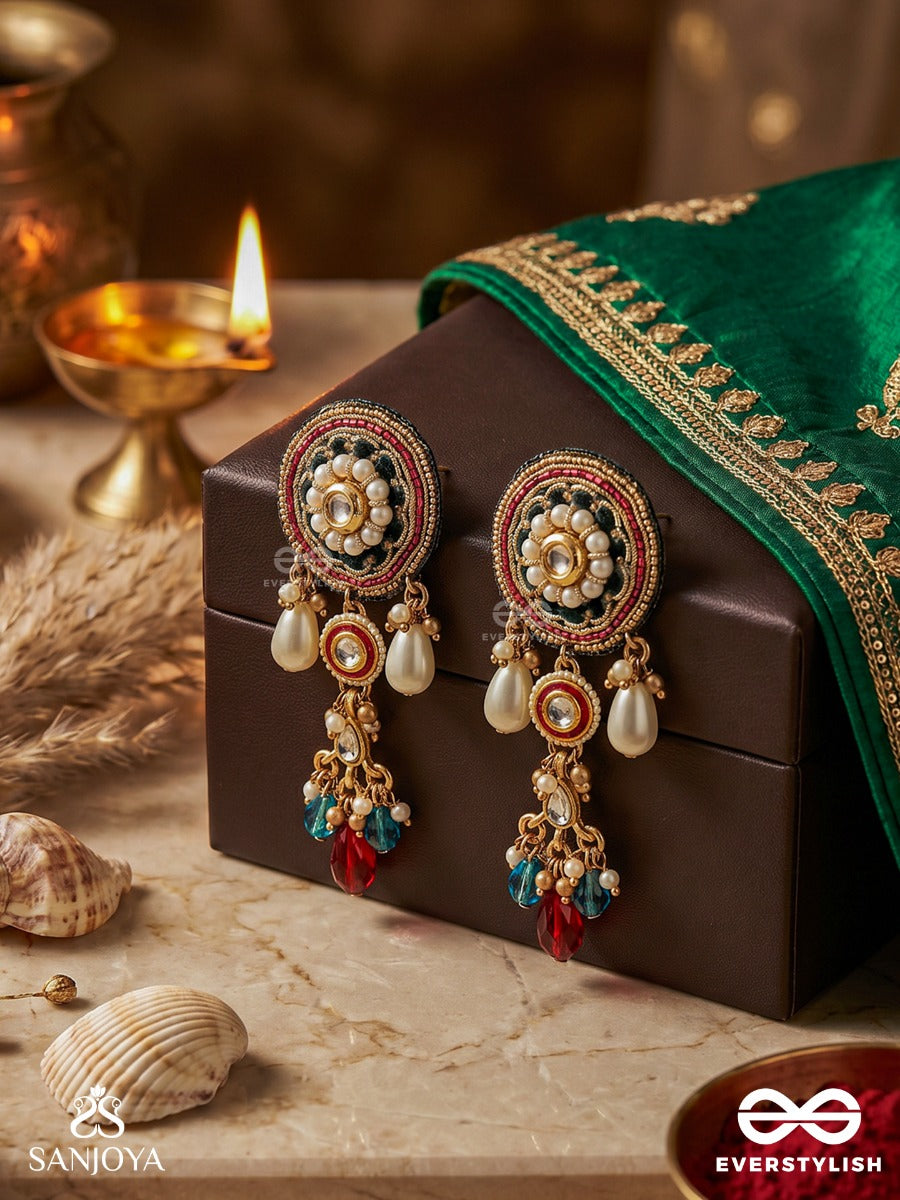 Mahapradipa - Grand Radiance - Ornate Earrings With Embellished Panel, Dangling Accents And Multi-Stone Details