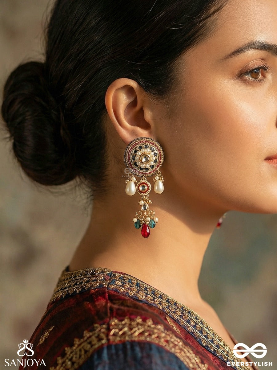 Mahapradipa - Grand Radiance - Ornate Earrings With Embellished Panel, Dangling Accents And Multi-Stone Details