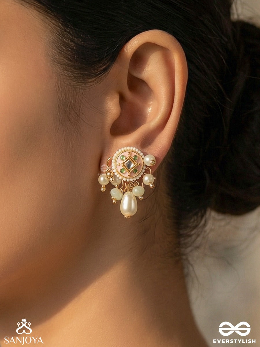 Mriduveni - Soft Braid - Delicate Earrings With Ornamental Panel, Pastel Details And Single Dangler