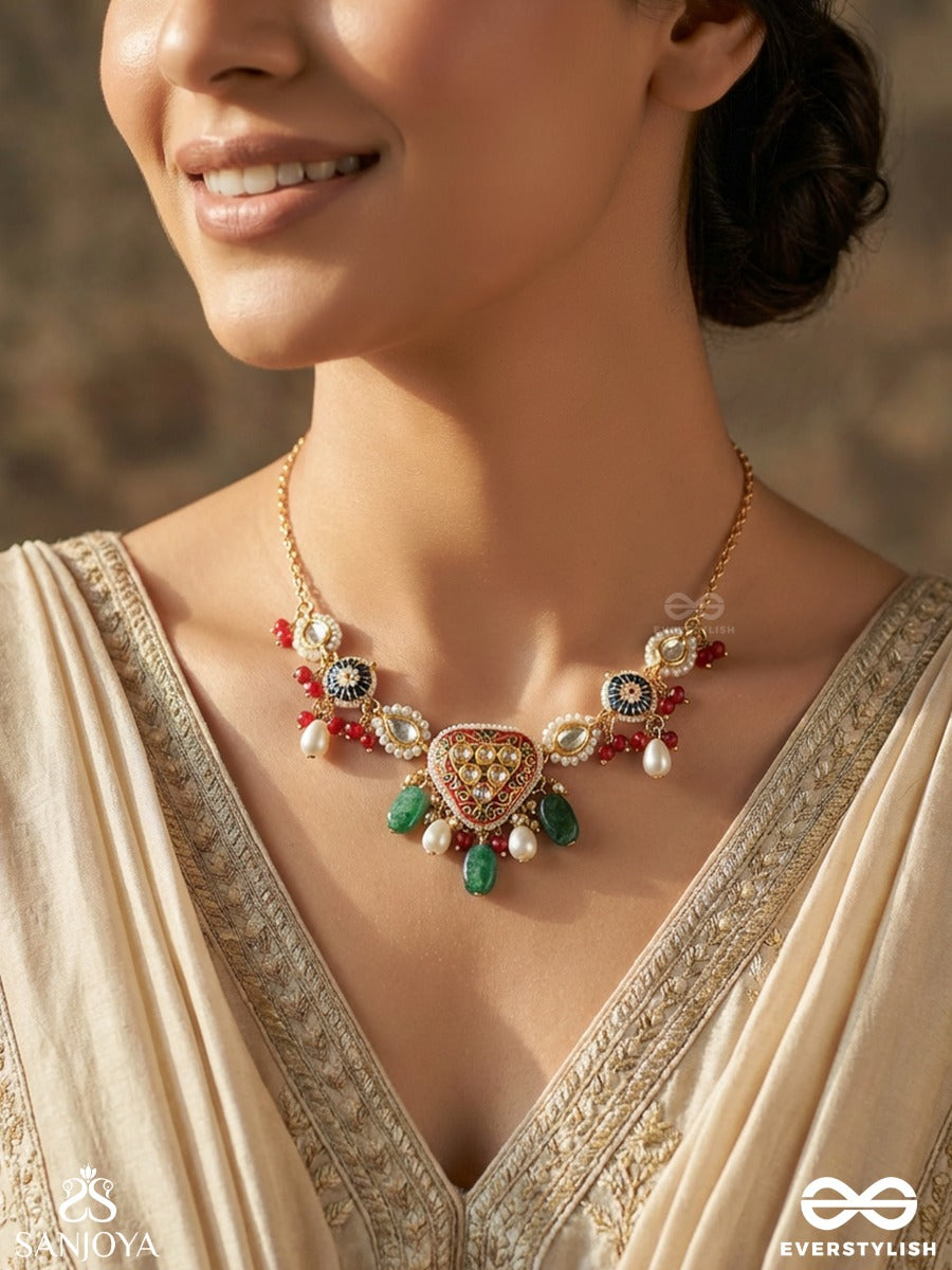 Kusumpratika - Blossom Emblem - Festive Necklace With Ornamental Motifs, Multi-Stone Accents And Dangling Details