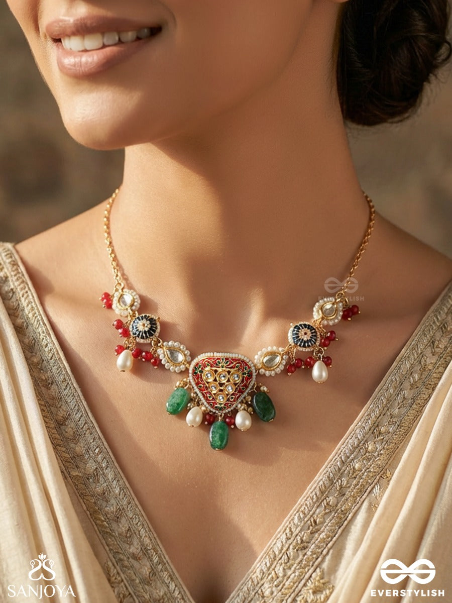 Kusumpratika - Blossom Emblem - Festive Necklace With Ornamental Motifs, Multi-Stone Accents And Dangling Details