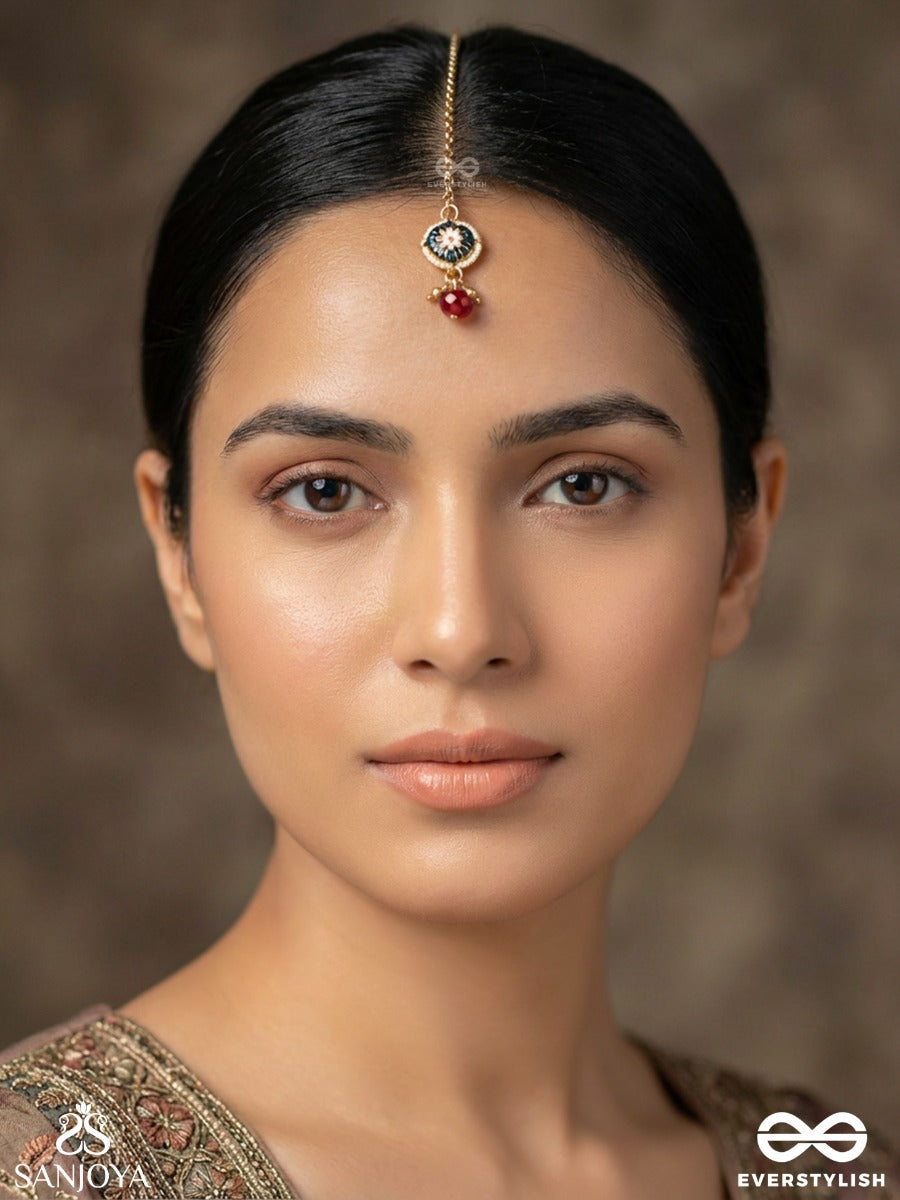 Kusumpratika - Blossom Emblem - Delicate Maangtika With Enamelled Panel, Gem Detail And Single Drop Accent