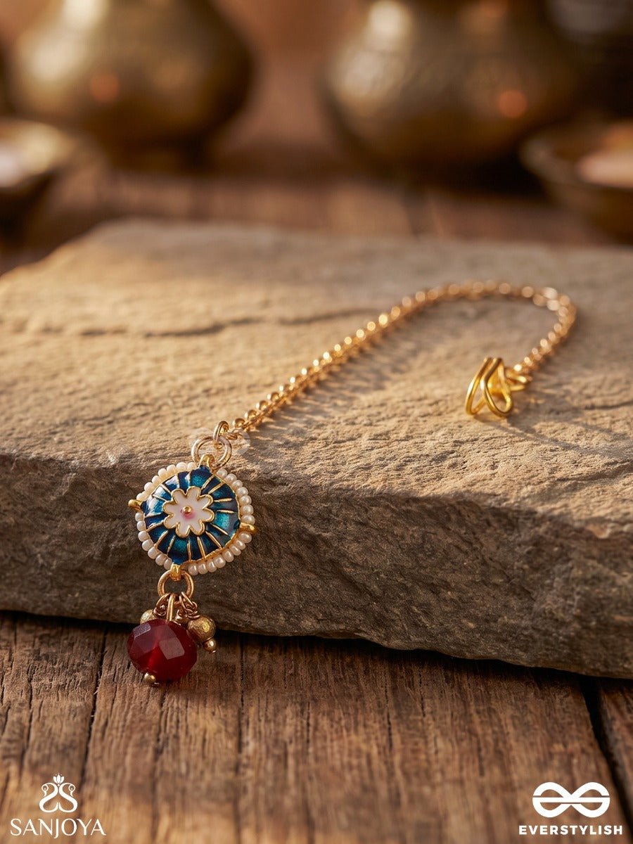 Kusumpratika - Blossom Emblem - Delicate Maangtika With Enamelled Panel, Gem Detail And Single Drop Accent