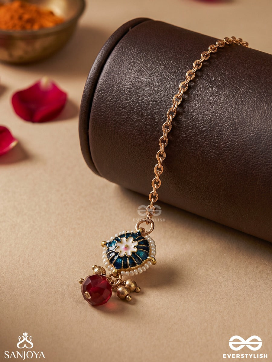 Kusumpratika - Blossom Emblem - Delicate Maangtika With Enamelled Panel, Gem Detail And Single Drop Accent