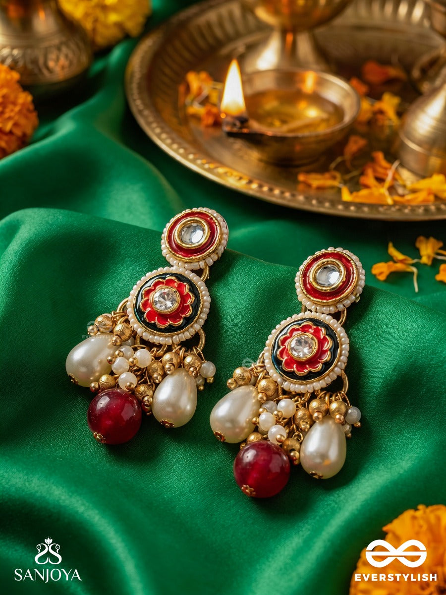 Surlekhita - Divine Design - Ornate Earrings With Enamelled Panel, Pearl Clusters And Ruby-Toned Danglers