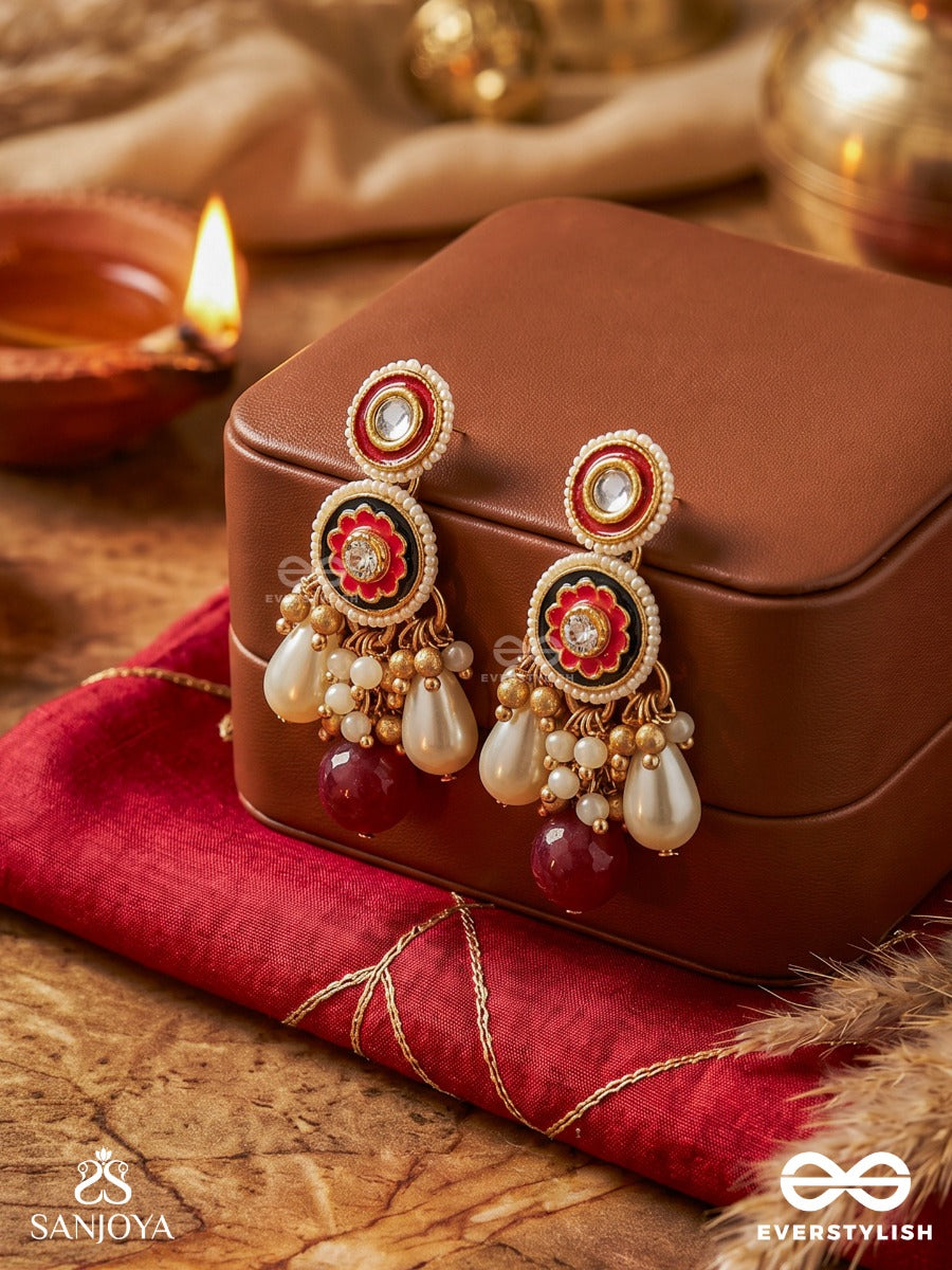 Surlekhita - Divine Design - Ornate Earrings With Enamelled Panel, Pearl Clusters And Ruby-Toned Danglers