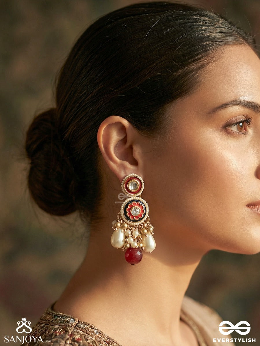 Surlekhita - Divine Design - Ornate Earrings With Enamelled Panel, Pearl Clusters And Ruby-Toned Danglers