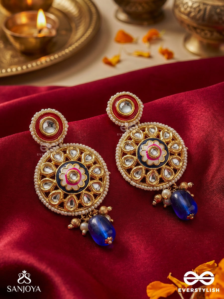 Alokpratika - Radiant Emblem - Elegant Earrings With Gemmed Panel, Enamel Detail And Dangling Blue Drop