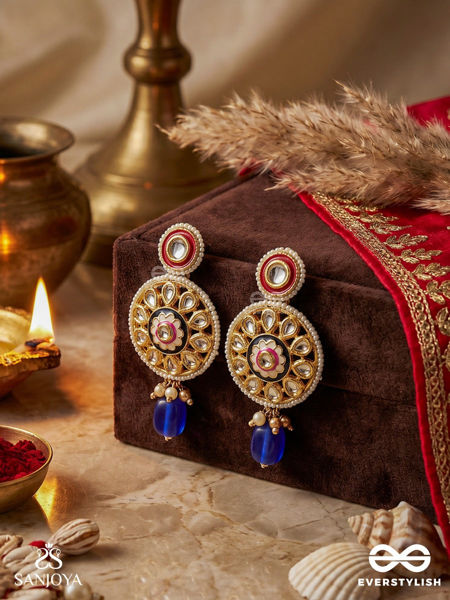 Alokpratika - Radiant Emblem - Elegant Earrings With Gemmed Panel, Enamel Detail And Dangling Blue Drop