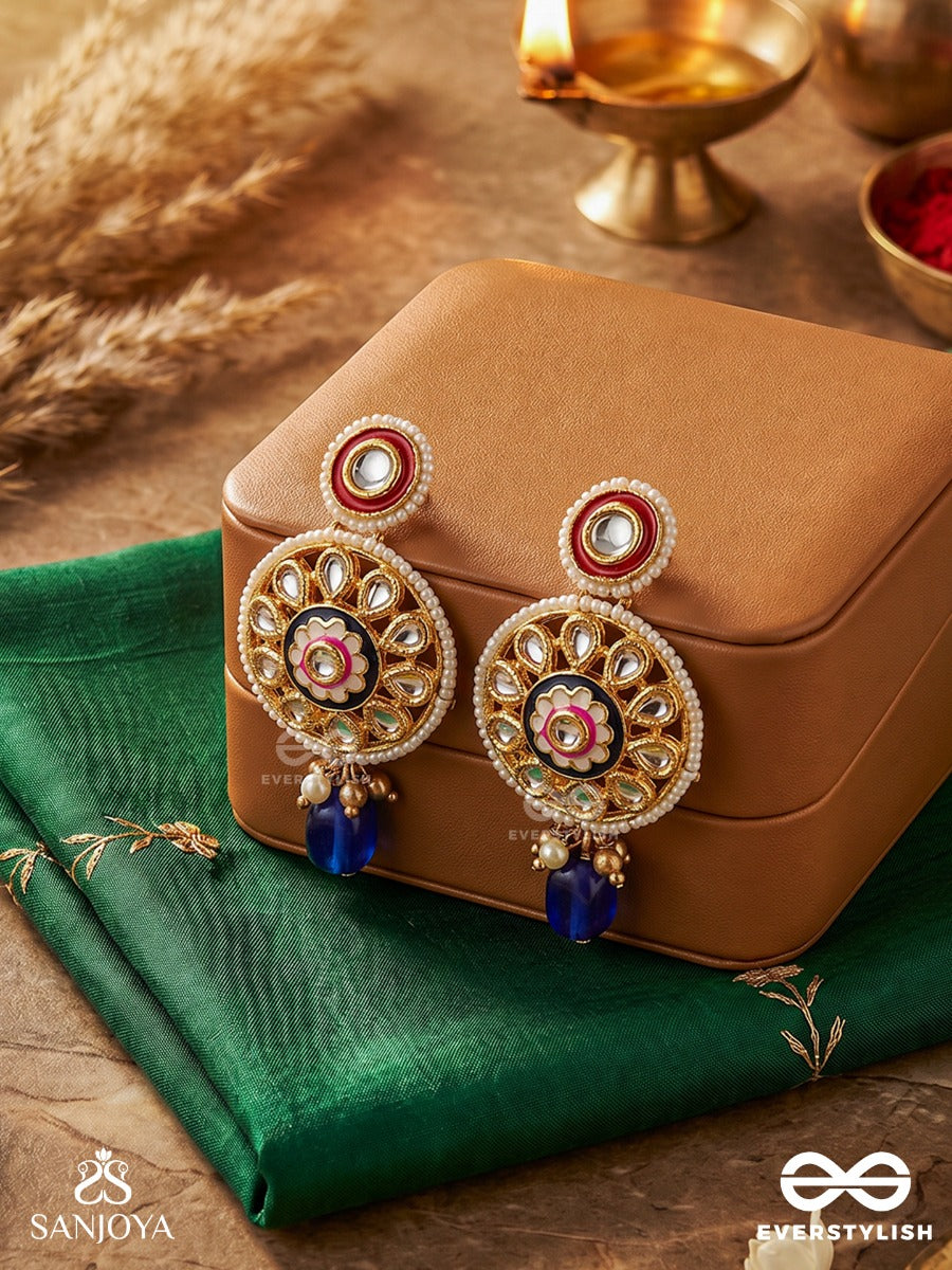Alokpratika - Radiant Emblem - Elegant Earrings With Gemmed Panel, Enamel Detail And Dangling Blue Drop