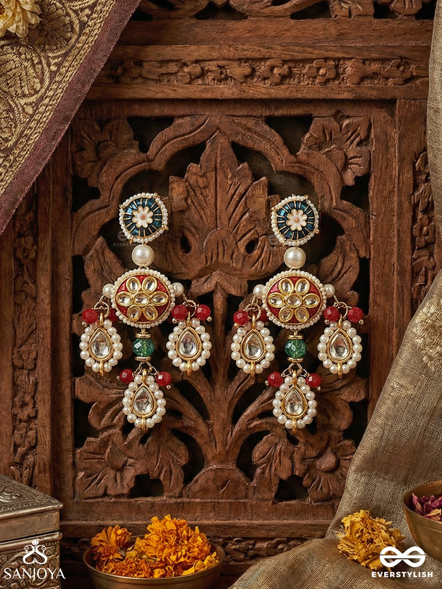 Kusumpratika - Blossom Emblem - Ornate Earrings With Embellished Design, Multi-Drop Elements And Gem Accents