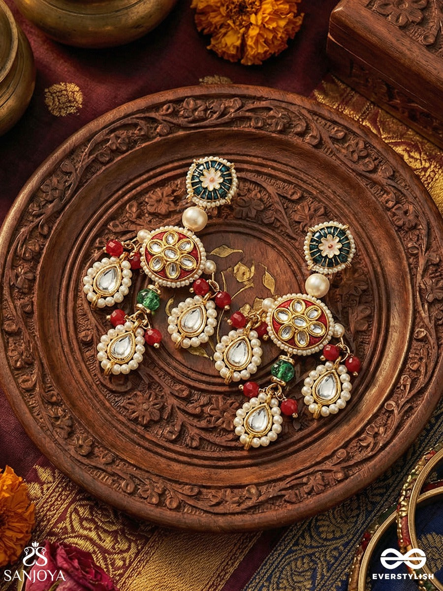 Kusumpratika - Blossom Emblem - Ornate Earrings With Embellished Design, Multi-Drop Elements And Gem Accents