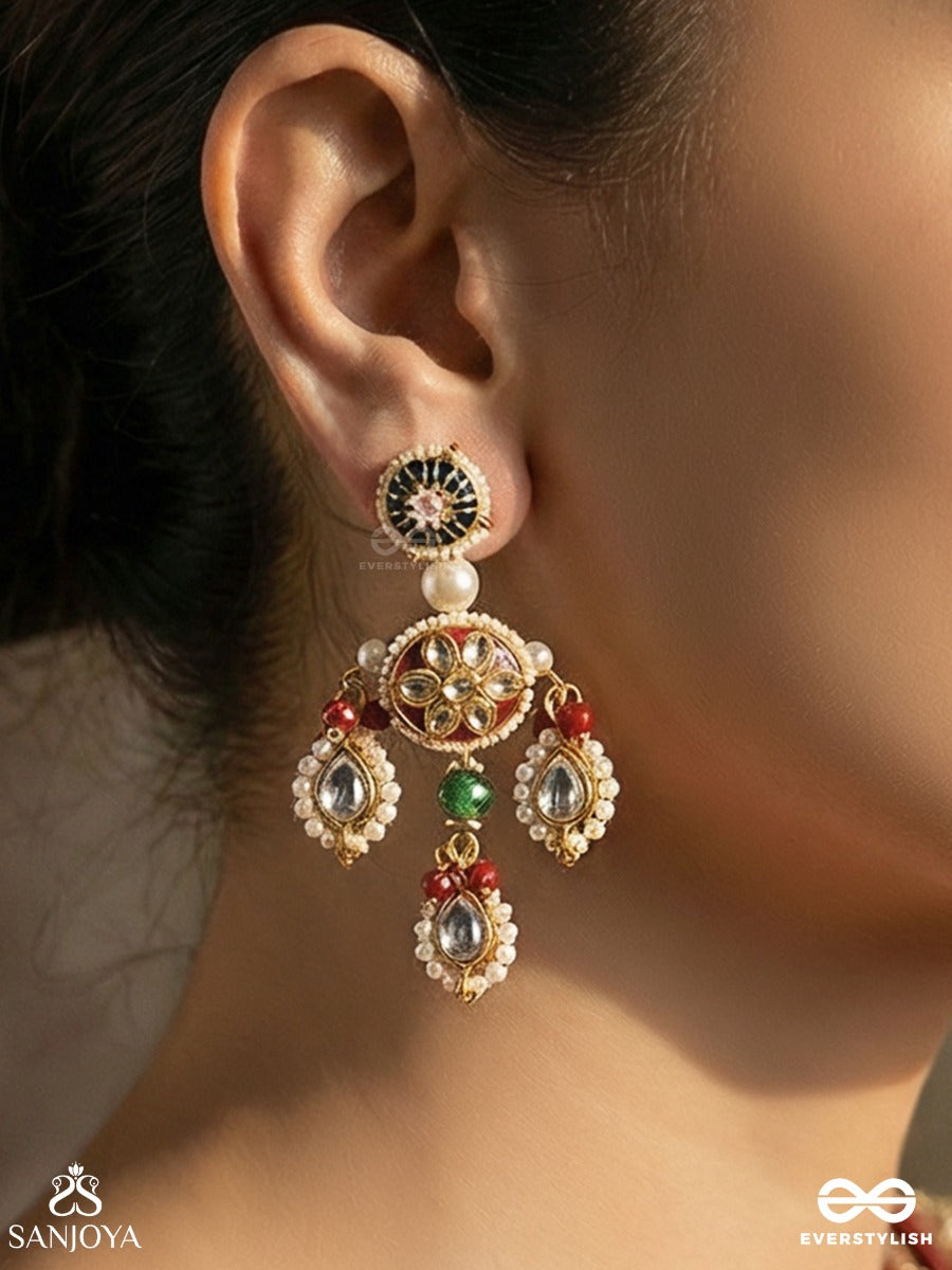 Kusumpratika - Blossom Emblem - Ornate Earrings With Embellished Design, Multi-Drop Elements And Gem Accents