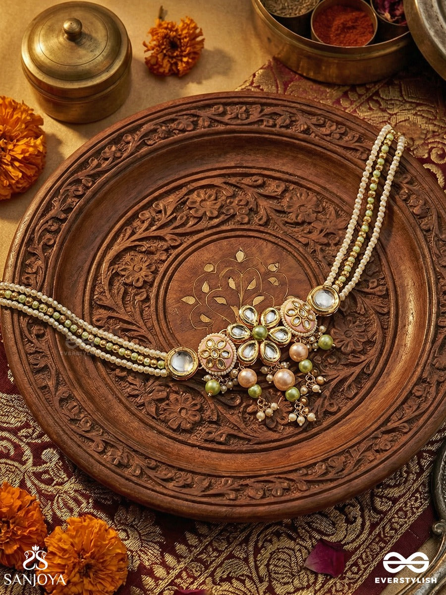 Vasukamini - Treasured Beauty - Festive Necklace With Floral Medallions, Pearl Strands And Dangling Green Accents
