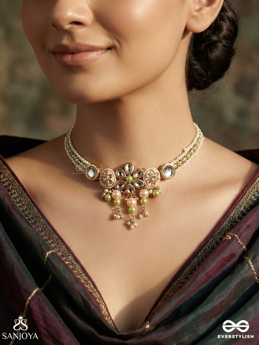 Vasukamini - Treasured Beauty - Festive Necklace With Floral Medallions, Pearl Strands And Dangling Green Accents