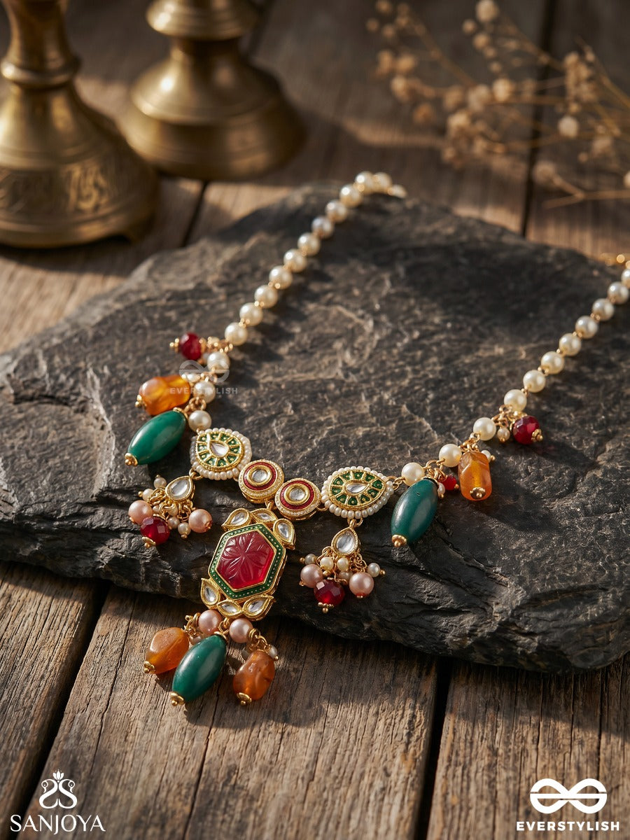 Manikantha - Jewelled Core - Festive Necklace With Ornamental Centrepiece, Gemmed Motifs And Multi-Stone Drop Accents