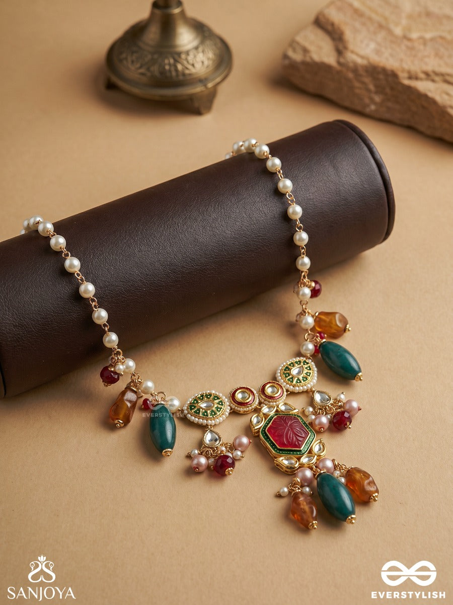 Manikantha - Jewelled Core - Festive Necklace With Ornamental Centrepiece, Gemmed Motifs And Multi-Stone Drop Accents