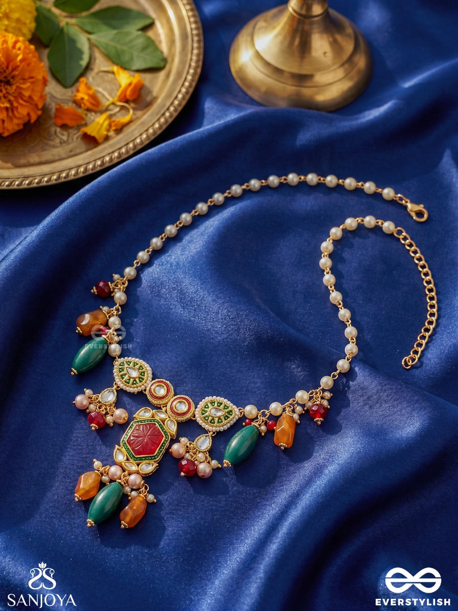Manikantha - Jewelled Core - Festive Necklace With Ornamental Centrepiece, Gemmed Motifs And Multi-Stone Drop Accents