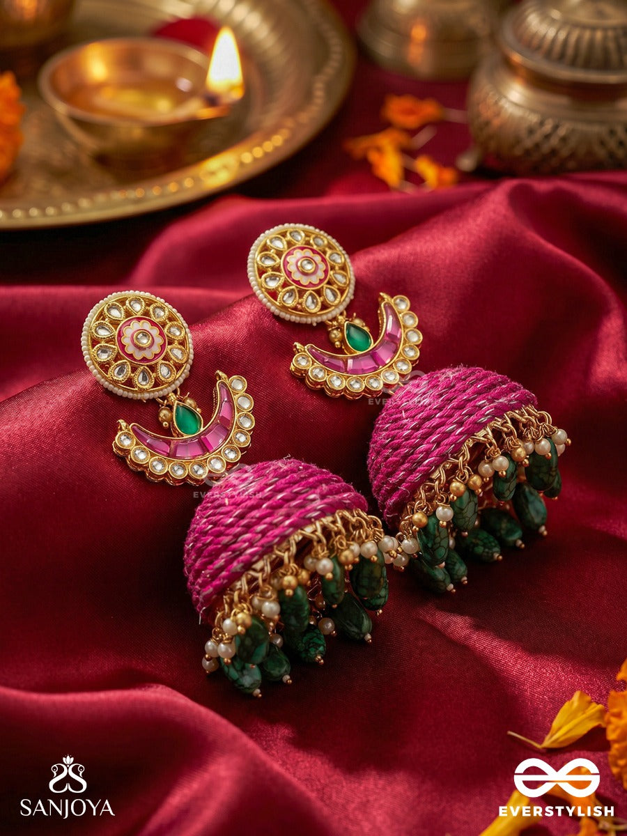 Rangjhumri - Play Of Colours - Statement Earrings With Thread-Woven Disc And Dangling Stone Accents