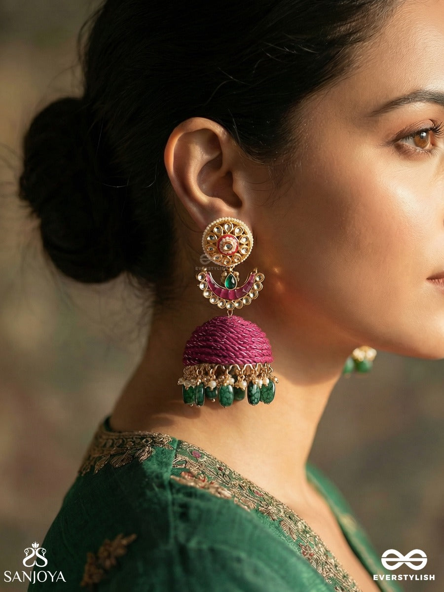 Rangjhumri - Play Of Colours - Statement Earrings With Thread-Woven Disc And Dangling Stone Accents