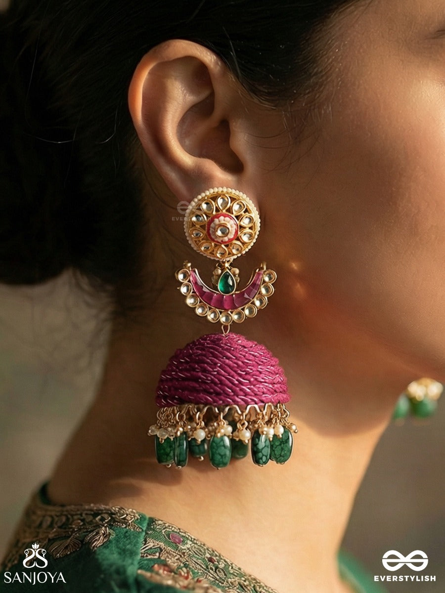 Rangjhumri - Play Of Colours - Statement Earrings With Thread-Woven Disc And Dangling Stone Accents