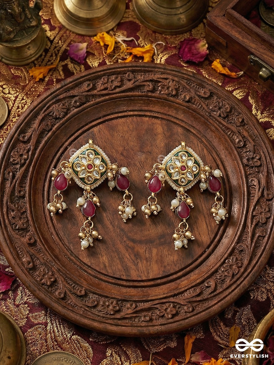 Maniketana - House Of Jewels - Ornate Earrings With Gem Cluster Design And Dangling Ruby Details
