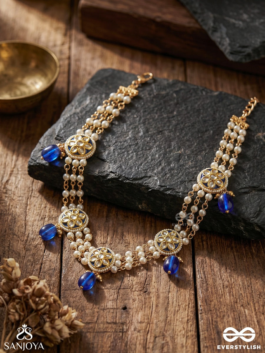 Neelmukta - Blue Pearl - Elegant Necklace With Multi-Strand Pearls, Ornate Medallions And Blue Drop Accents