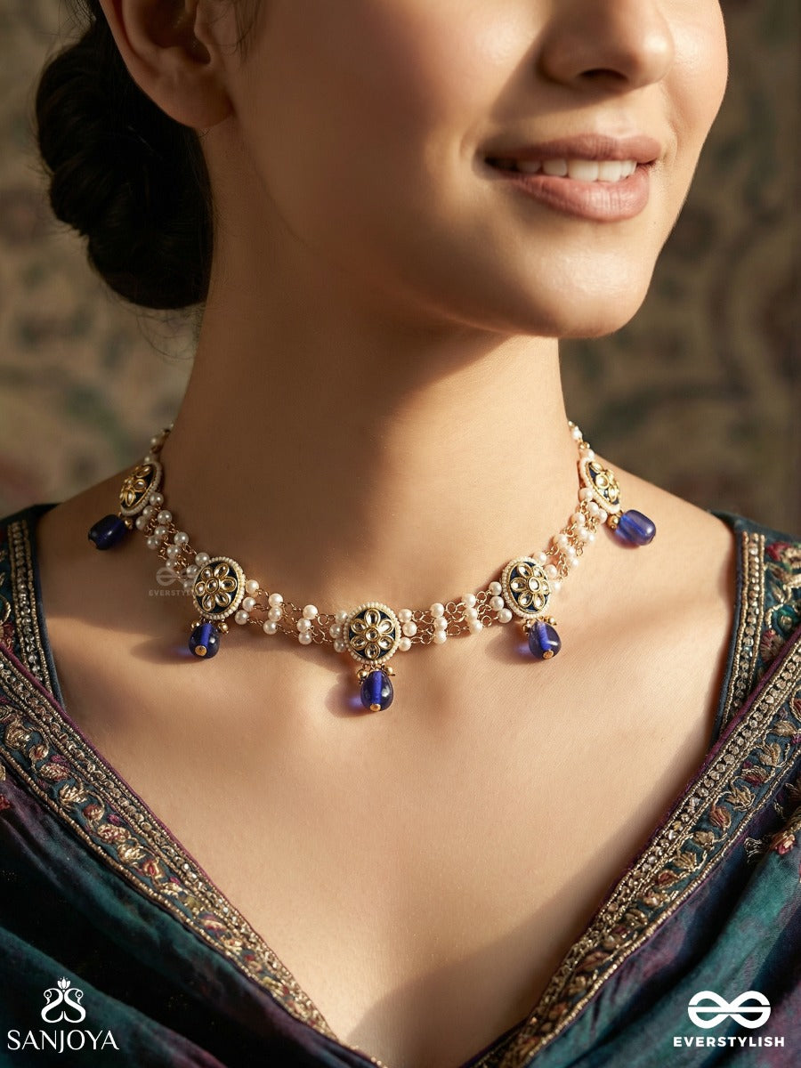 Neelmukta - Blue Pearl - Elegant Necklace With Multi-Strand Pearls, Ornate Medallions And Blue Drop Accents