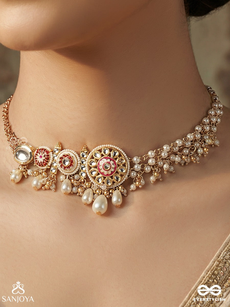 Mrinalvarcha - Lotus Splendour - Festive Necklace With Enamelled Elements, Draped Chains And Dangling Accents