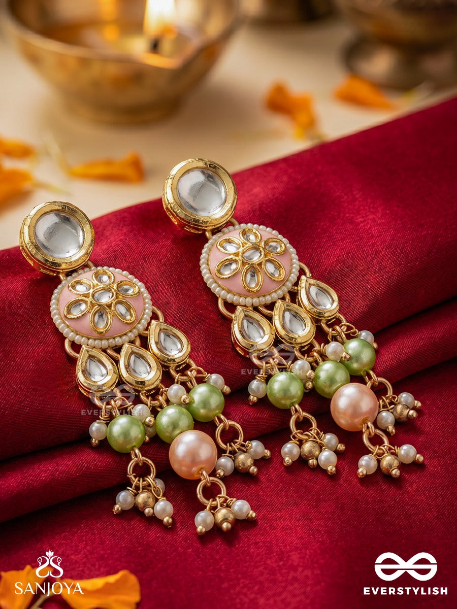 Vasukamini - Treasured Beauty - Ornate Earrings With Gemmed Bloom Motif And Multi-Drop Pearl And Green Details