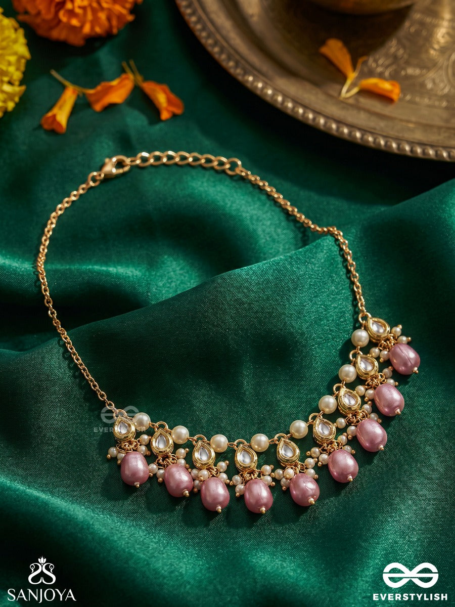 Mridulshraya - Gentle Abode - Elegant Necklace With Pearl Link Chain And Repeating Lilac Drop Accents