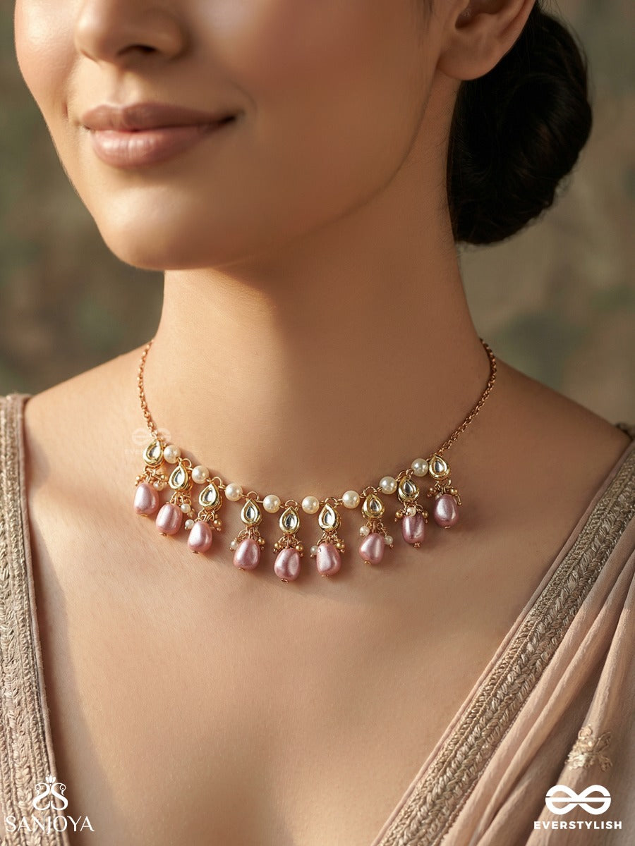Mridulshraya - Gentle Abode - Elegant Necklace With Pearl Link Chain And Repeating Lilac Drop Accents