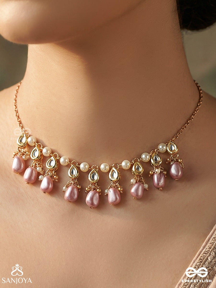 Mridulshraya - Gentle Abode - Elegant Necklace With Pearl Link Chain And Repeating Lilac Drop Accents