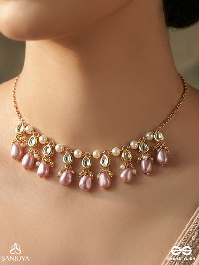 Mridulshraya - Gentle Abode - Elegant Necklace With Pearl Link Chain And Repeating Lilac Drop Accents