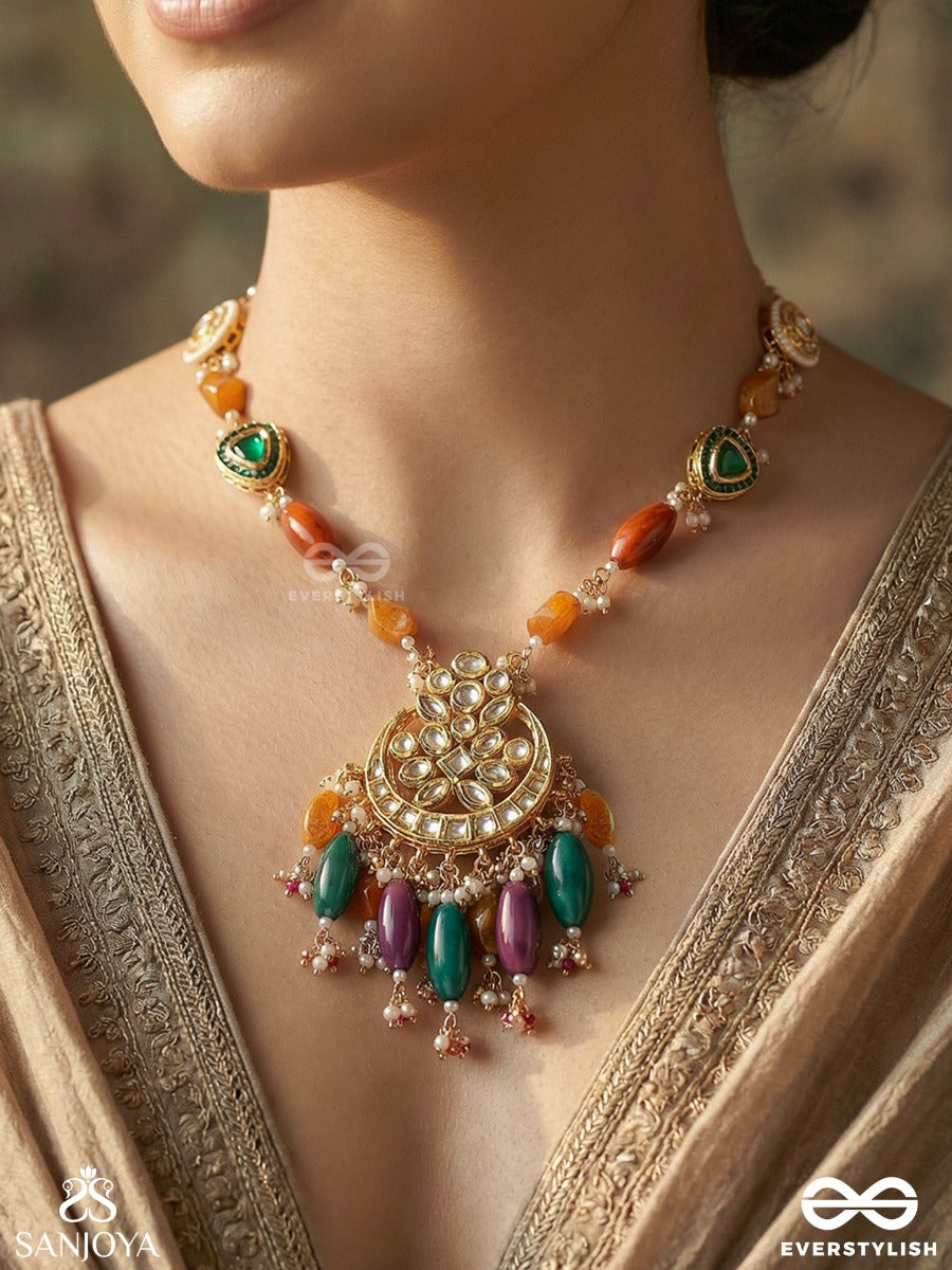 Manirangita - Jewelled In Colours - Festive Necklace With Ornate Medallion And Multi-Colour Drop Fringe
