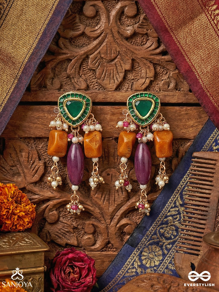 Manirangita - Jewelled In Colours - Statement Earrings With Gemmed Panel And Colourful Danglers