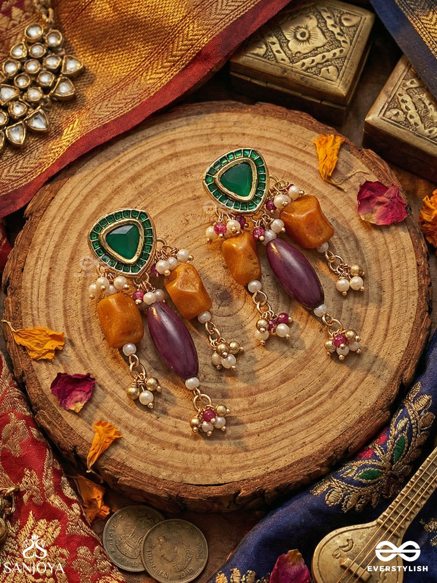 Manirangita - Jewelled In Colours - Statement Earrings With Gemmed Panel And Colourful Danglers