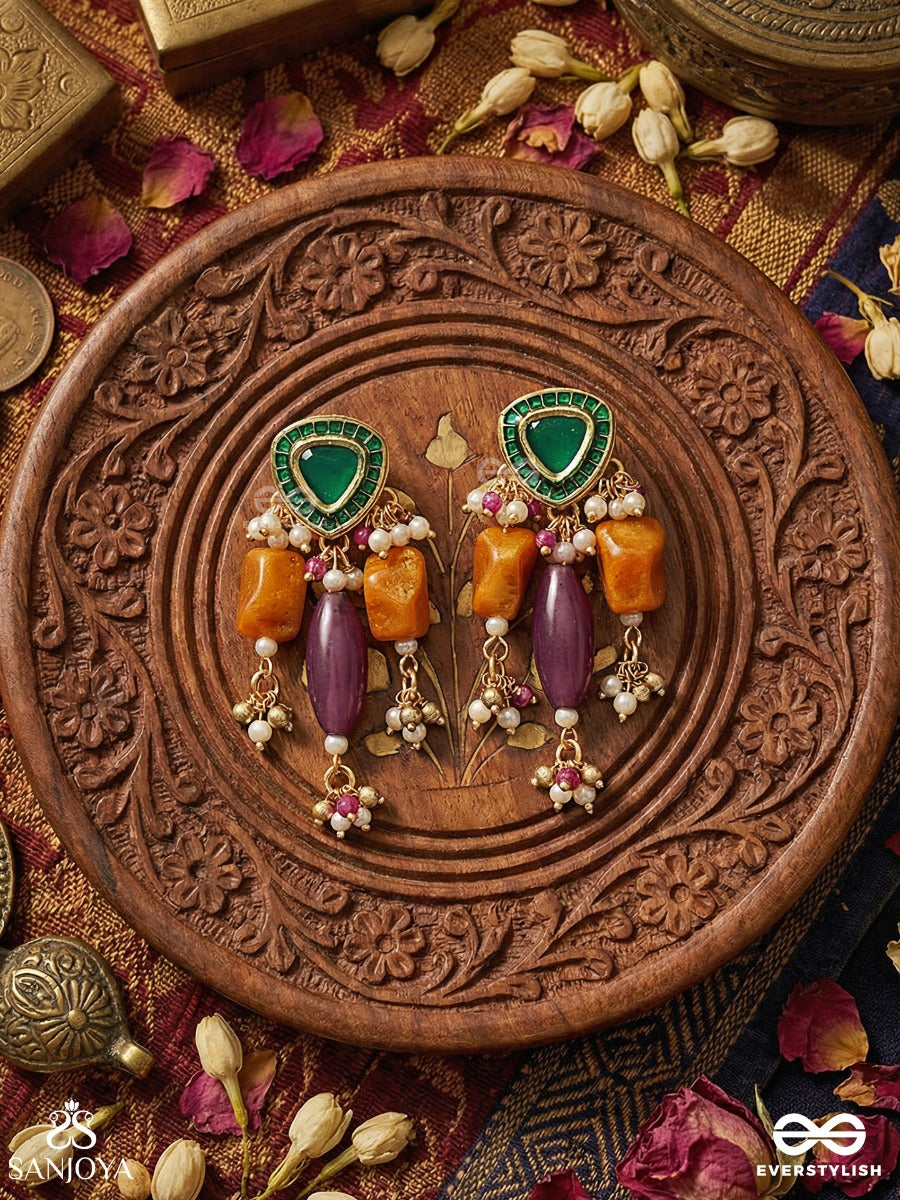 Manirangita - Jewelled In Colours - Statement Earrings With Gemmed Panel And Colourful Danglers