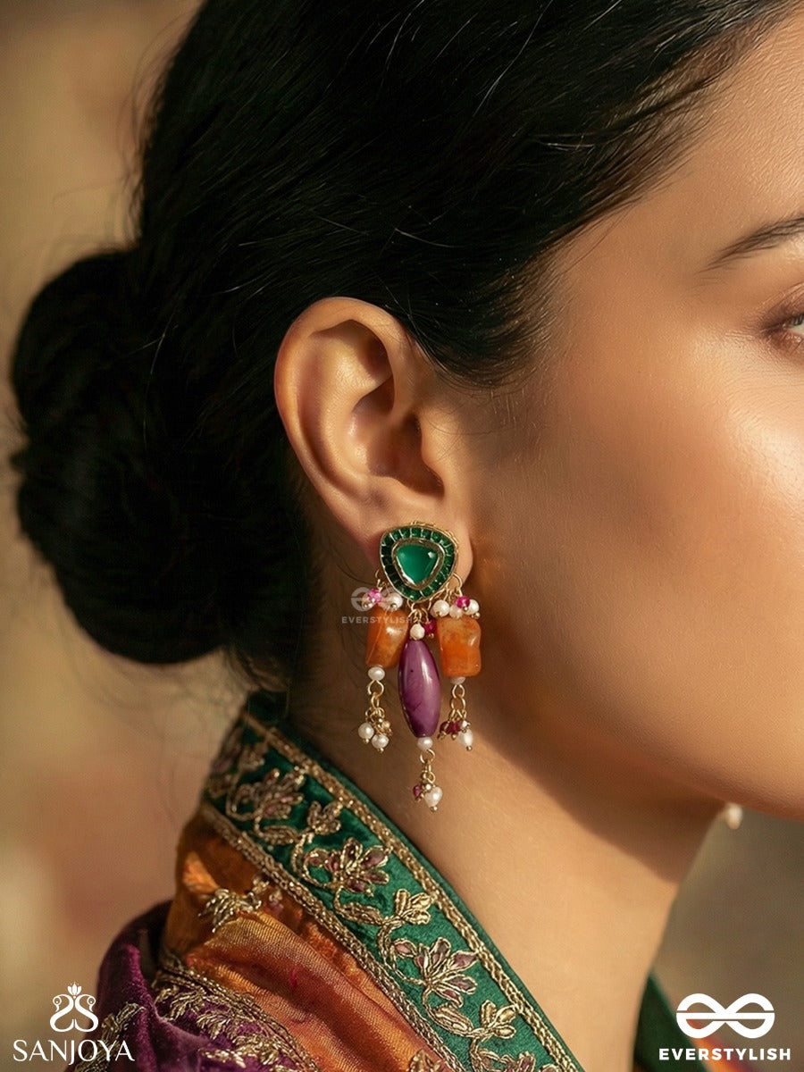 Manirangita - Jewelled In Colours - Statement Earrings With Gemmed Panel And Colourful Danglers