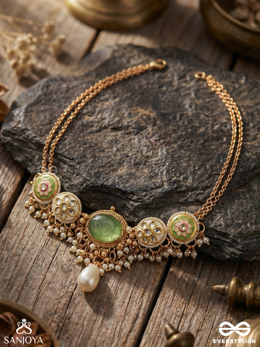 Marakatika - Emerald Glow - Ornate Necklace With Gemmed Medallions, Green Stone Centre And Delicate Gold Fringe